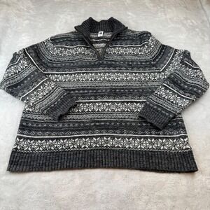 GAP Men's XL Fair Isle Snowflake Quarter Zip Sweater Gray Wool Blend